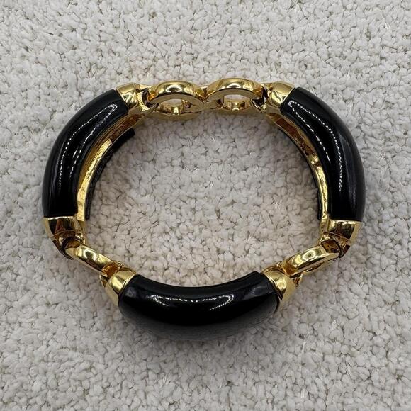 J Crew Gold Tone Black Enamel Link Bracelet Chunky Statement - Picture 2 of 6